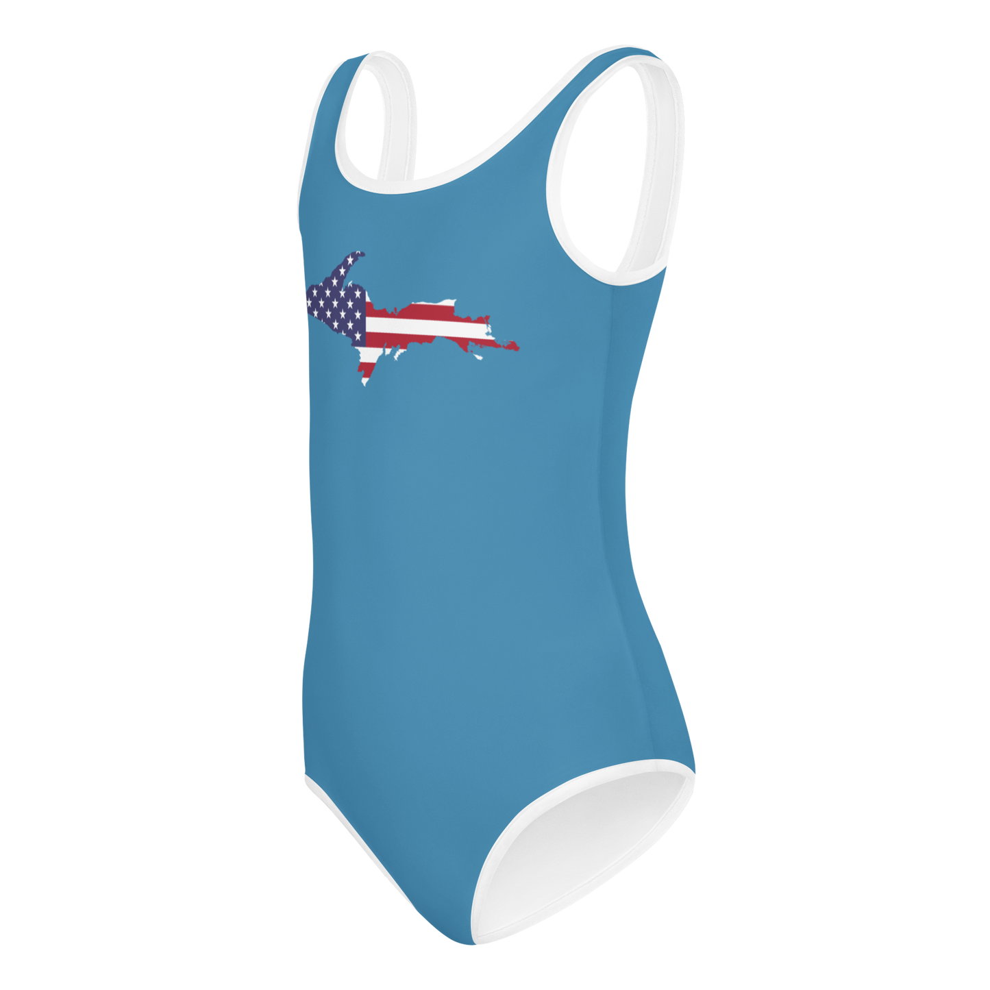 Michigan Upper Peninsula Toddler Swimsuit (w/ UP USA Flag) | Lake Michigan Blue