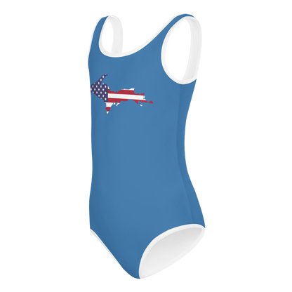 Michigan Upper Peninsula Toddler Swimsuit (w/ UP USA Flag) | Lake Superior Blue