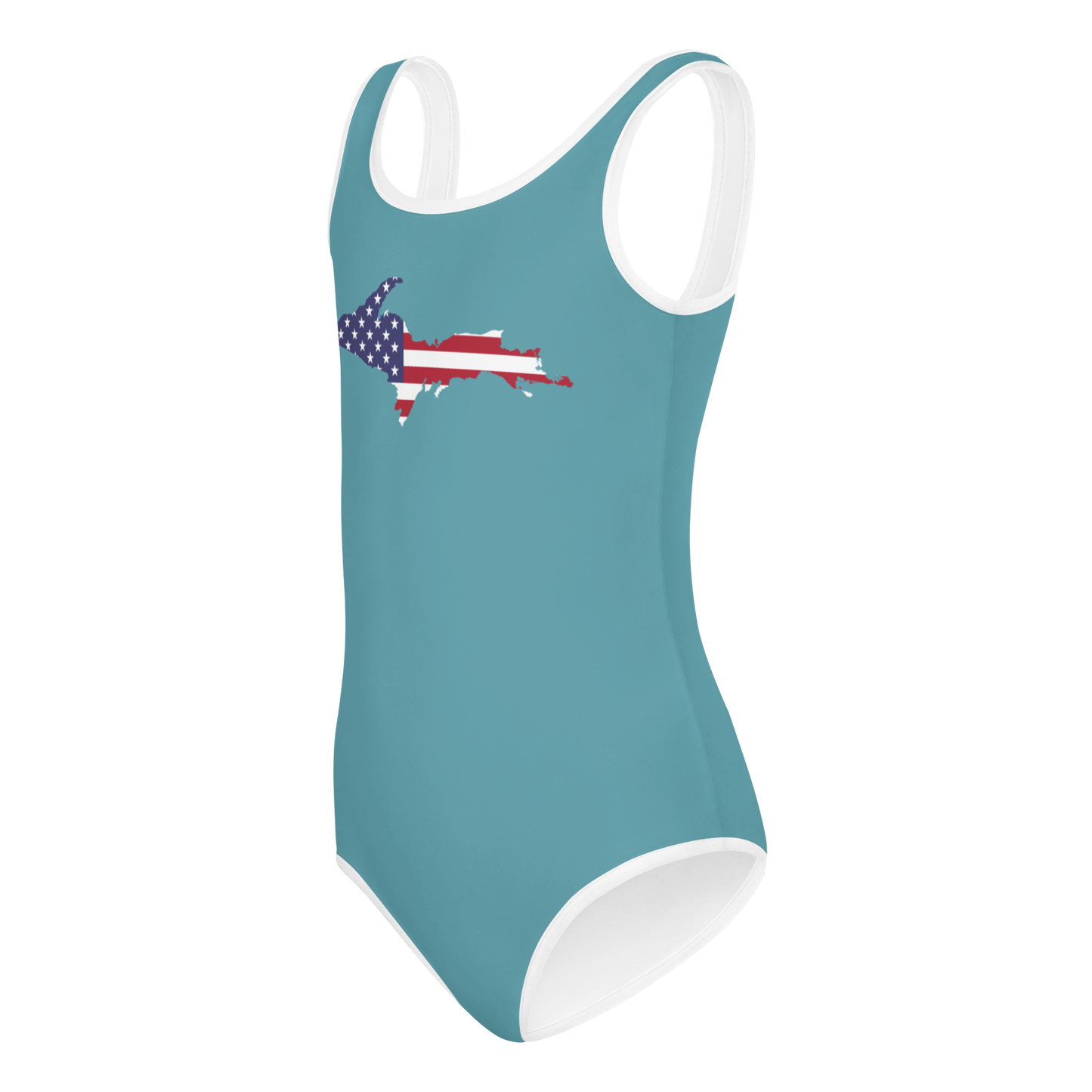 Michigan Upper Peninsula Toddler Swimsuit (w/ UP USA Flag) | Lake Huron Blue