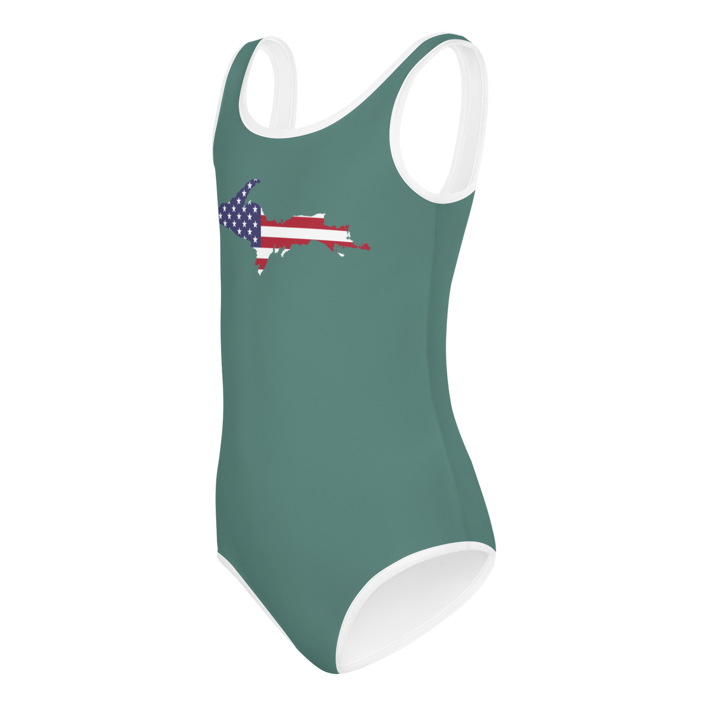 Michigan Upper Peninsula Toddler Swimsuit (w/ UP USA Flag) | Copper Green