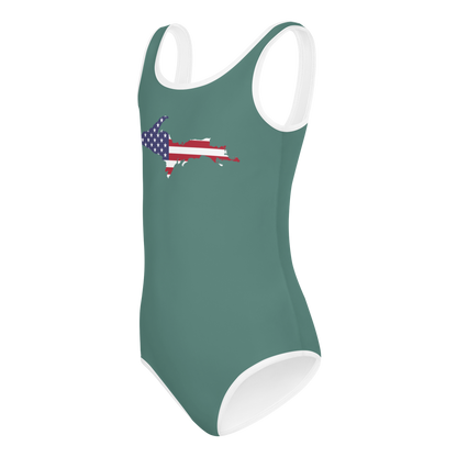 Michigan Upper Peninsula Toddler Swimsuit (w/ UP USA Flag) | Copper Green