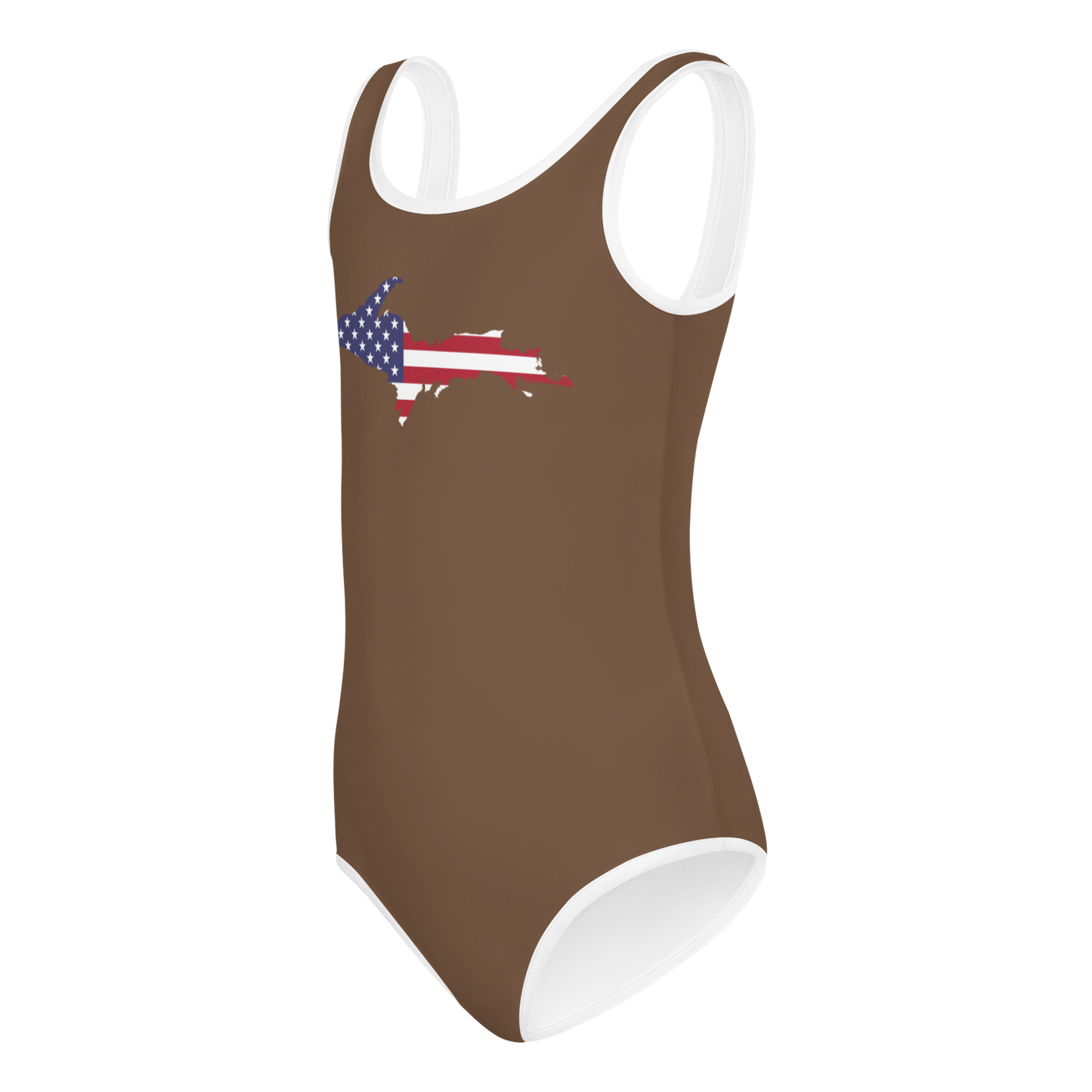 Michigan Upper Peninsula Toddler Swimsuit (w/ UP USA Flag) | Coffee Background