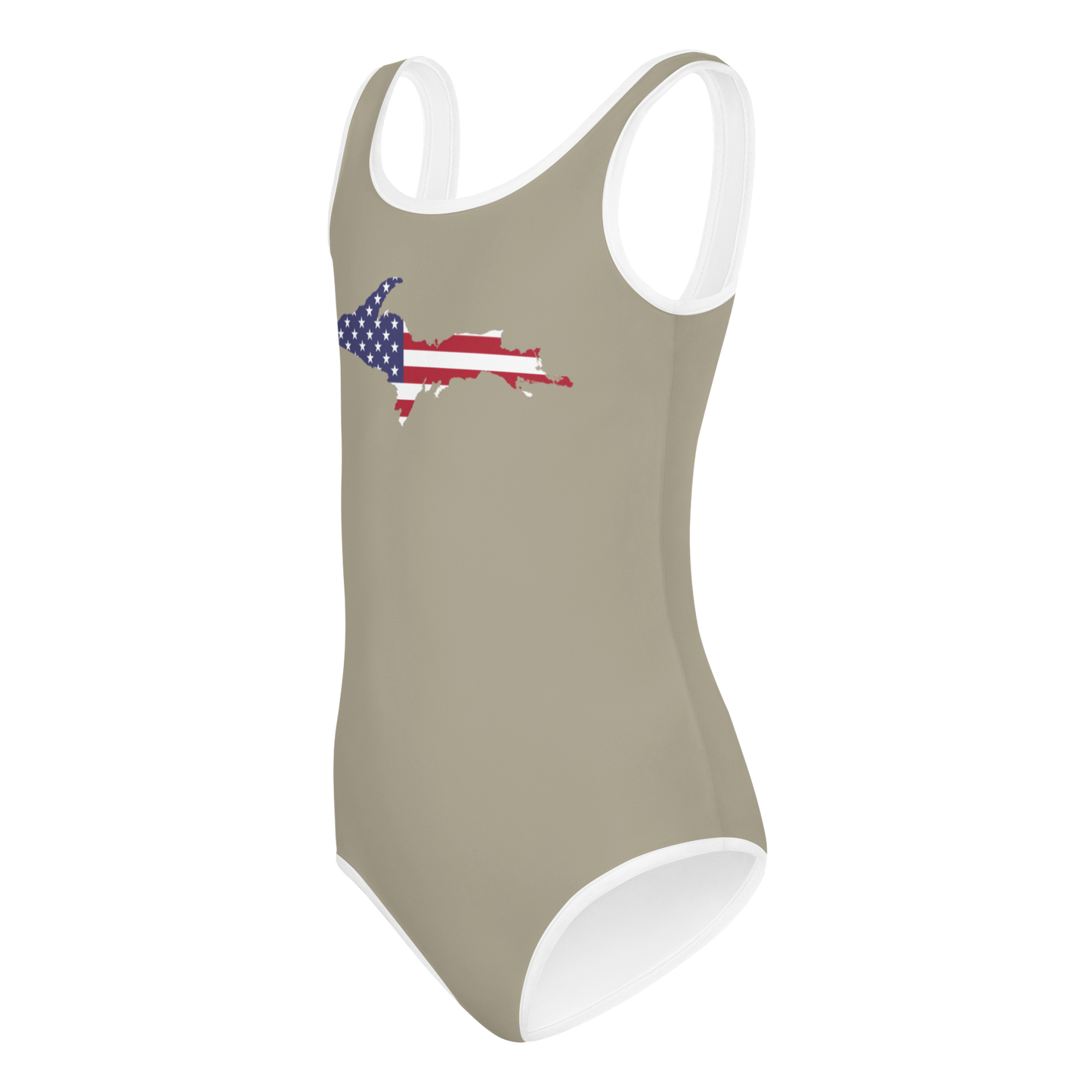 Michigan Upper Peninsula Toddler Swimsuit (w/ UP USA Flag) | Petoskey Stone Beige