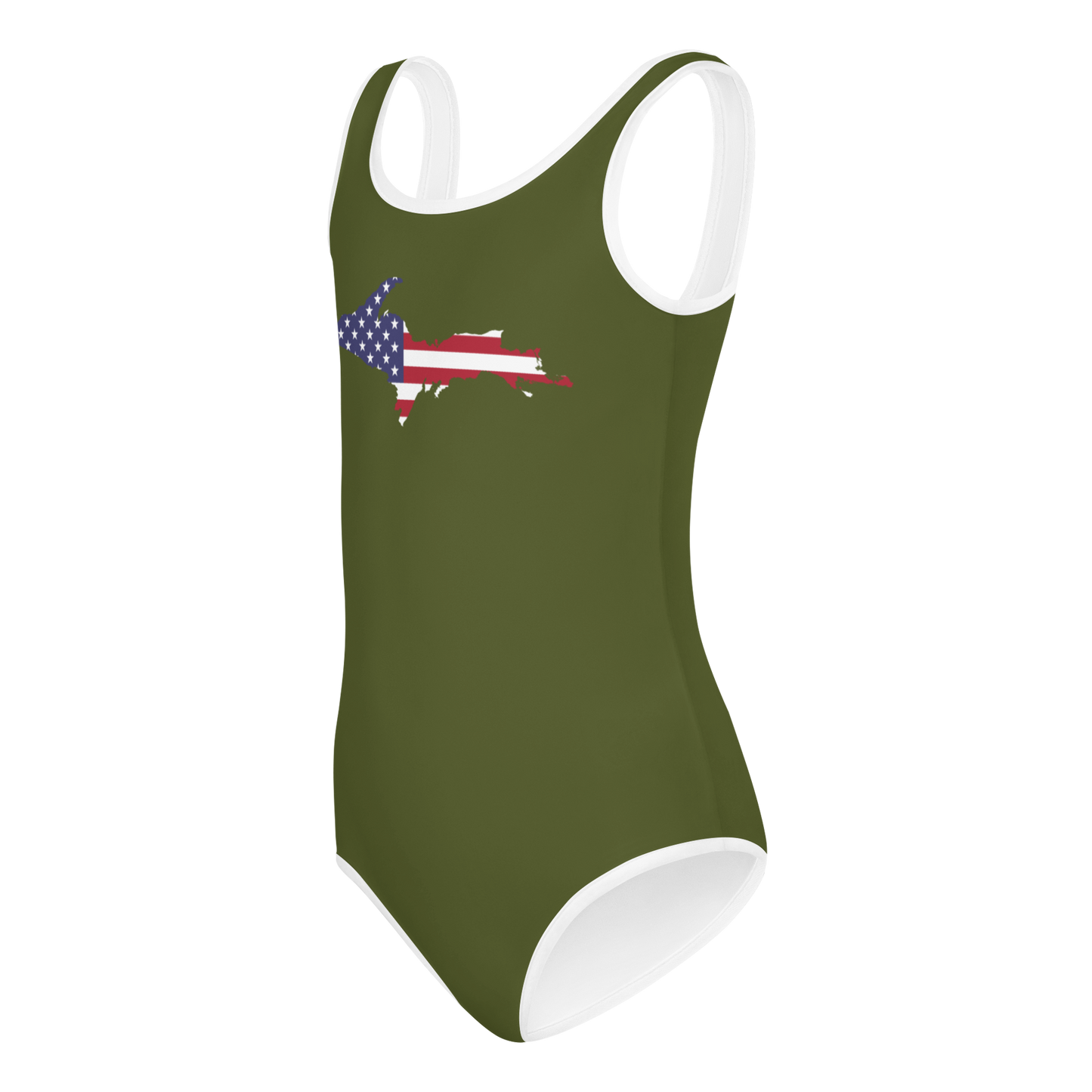 Michigan Upper Peninsula Toddler Swimsuit (w/ UP USA Flag) | Army Green