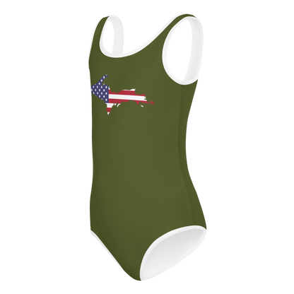 Michigan Upper Peninsula Toddler Swimsuit (w/ UP USA Flag) | Army Green