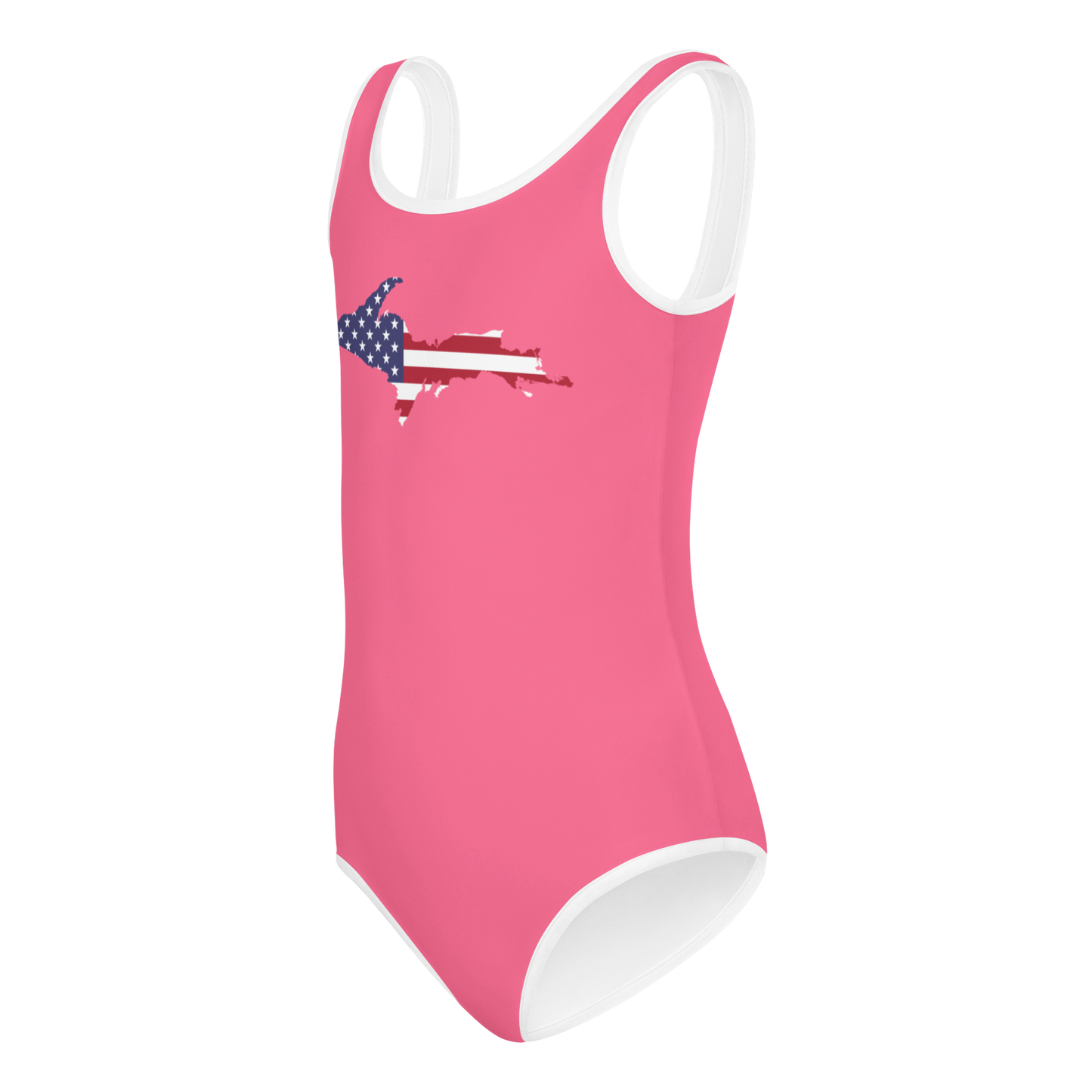 Michigan Upper Peninsula Toddler Swimsuit (w/ UP USA Flag) | Rhodochrosite Pink