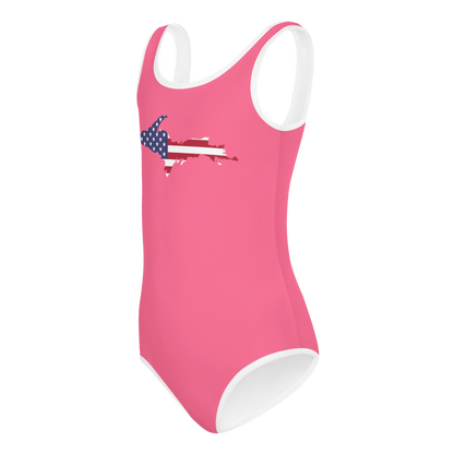 Michigan Upper Peninsula Toddler Swimsuit (w/ UP USA Flag) | Rhodochrosite Pink