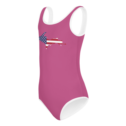 Michigan Upper Peninsula Toddler Swimsuit (w/ UP USA Flag) | Apple Blossom Pink