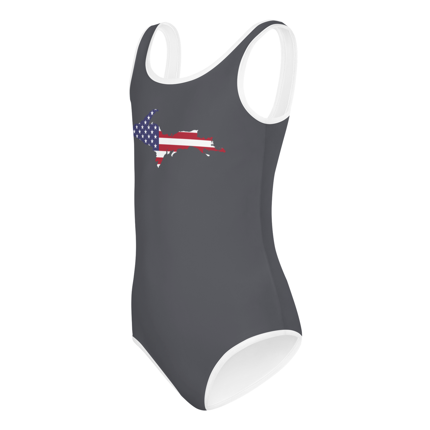 Michigan Upper Peninsula Toddler Swimsuit (w/ UP USA Flag) | Iron Ore Grey