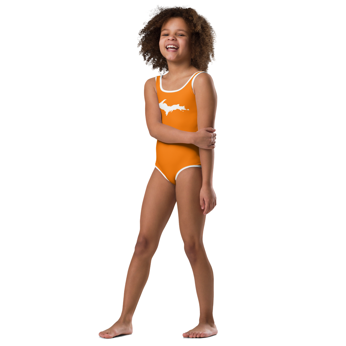 Michigan Upper Peninsula Toddler Swimsuit (w/ UP Outline) | Safety Orange