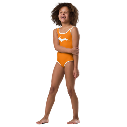 Michigan Upper Peninsula Toddler Swimsuit (w/ UP Outline) | Safety Orange