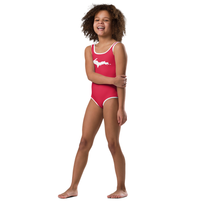 Michigan Upper Peninsula Toddler Swimsuit (w/ UP Outline) | Lighthouse Red