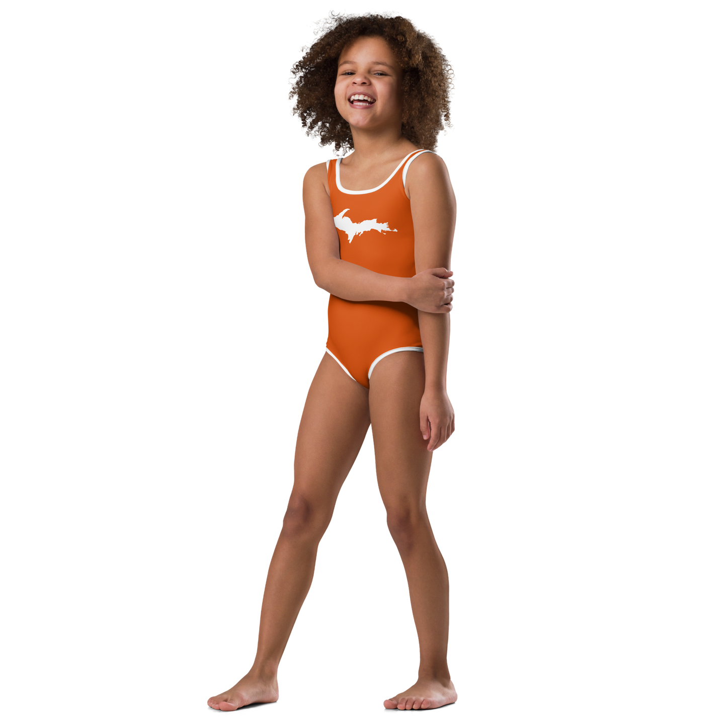 Michigan Upper Peninsula Toddler Swimsuit (w/ UP Outline) | Maple Leaf Orange