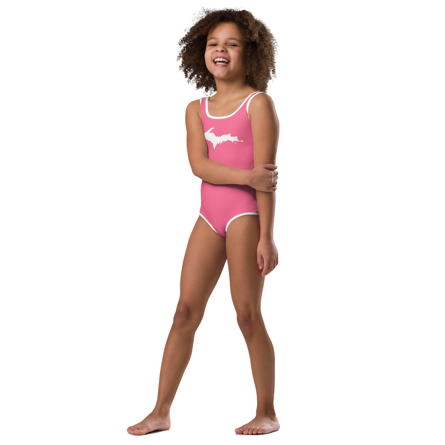 Michigan Upper Peninsula Toddler Swimsuit (w/ UP Outline) | Rhodochrosite Pink