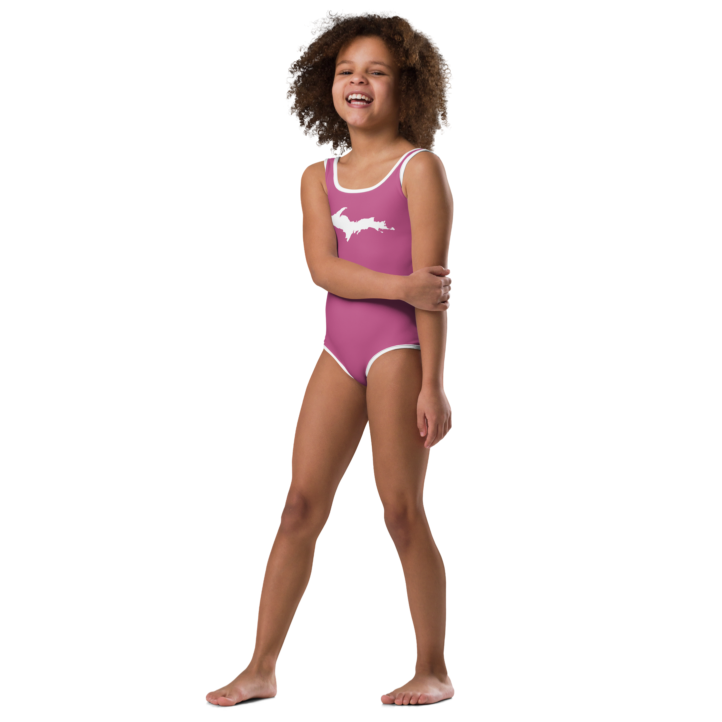 Michigan Upper Peninsula Toddler Swimsuit (w/ UP Outline) | Apple Blossom Pink