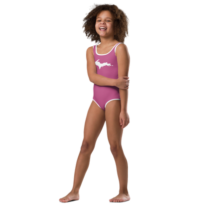 Michigan Upper Peninsula Toddler Swimsuit (w/ UP Outline) | Apple Blossom Pink