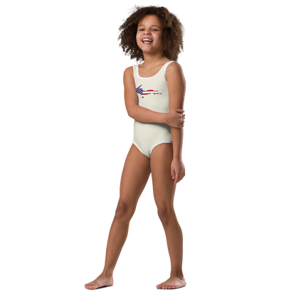 Michigan Upper Peninsula Toddler Swimsuit (w/ UP USA Flag) | Ivory White