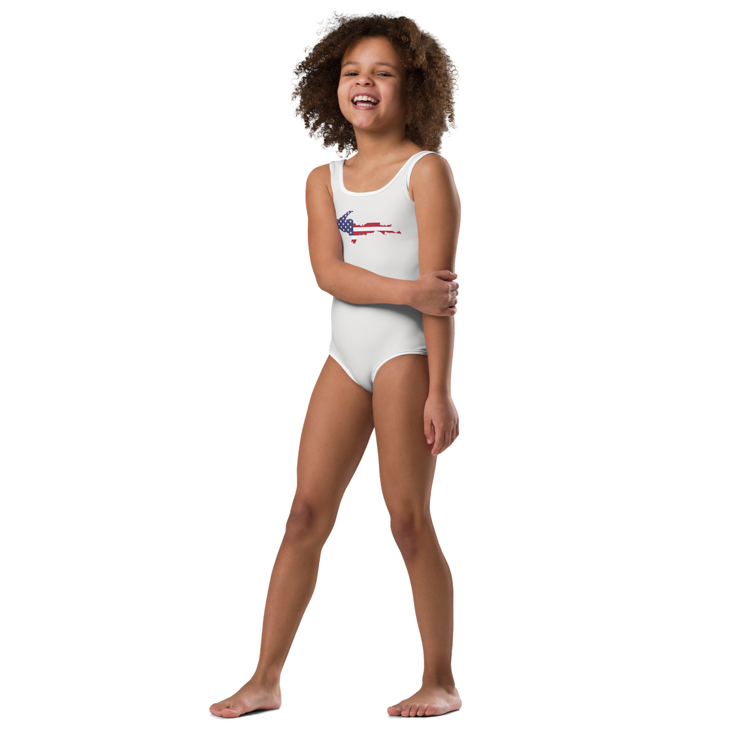 Michigan Upper Peninsula Toddler Swimsuit (w/ UP USA Flag) | Birch Bark White