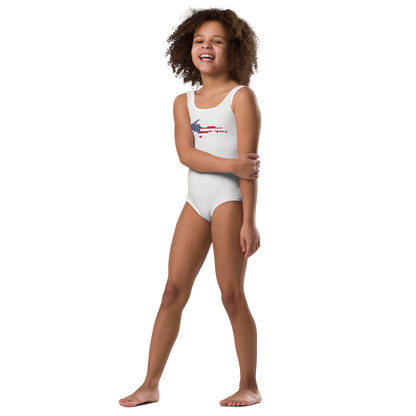 Michigan Upper Peninsula Toddler Swimsuit (w/ UP USA Flag) | Birch Bark White