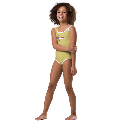 Michigan Upper Peninsula Toddler Swimsuit (w/ UP USA Flag) | Plum Yellow