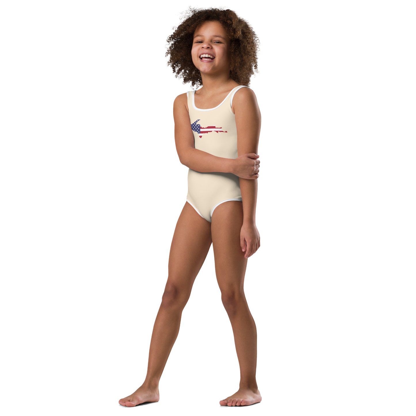 Michigan Upper Peninsula Toddler Swimsuit (w/ UP USA Flag) | Champagne White