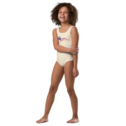 Michigan Upper Peninsula Toddler Swimsuit (w/ UP USA Flag) | Champagne White