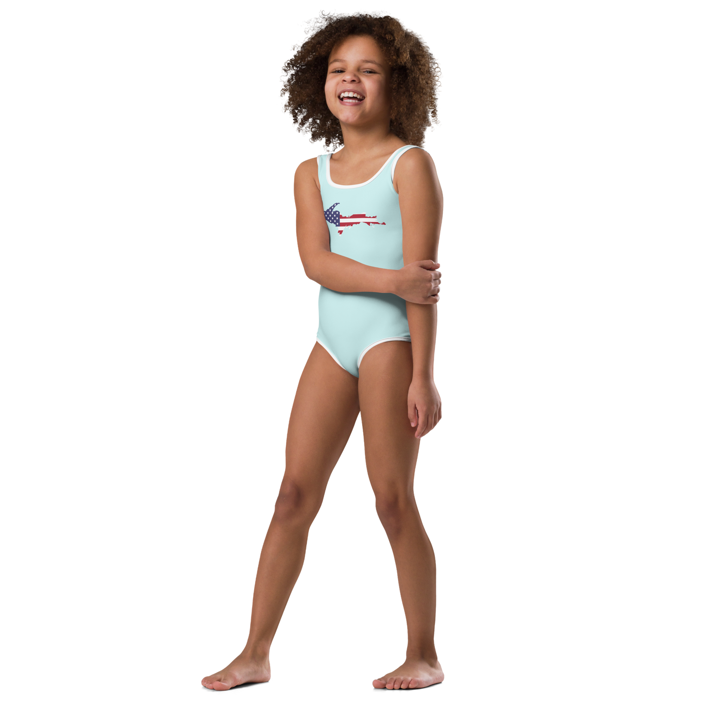 Michigan Upper Peninsula Toddler Swimsuit (w/ UP USA Flag) | Cyan