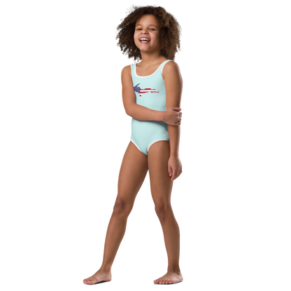 Michigan Upper Peninsula Toddler Swimsuit (w/ UP USA Flag) | Cyan