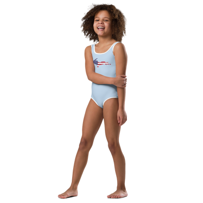 Michigan Upper Peninsula Toddler Swimsuit (w/ UP USA Flag) | Light Blue