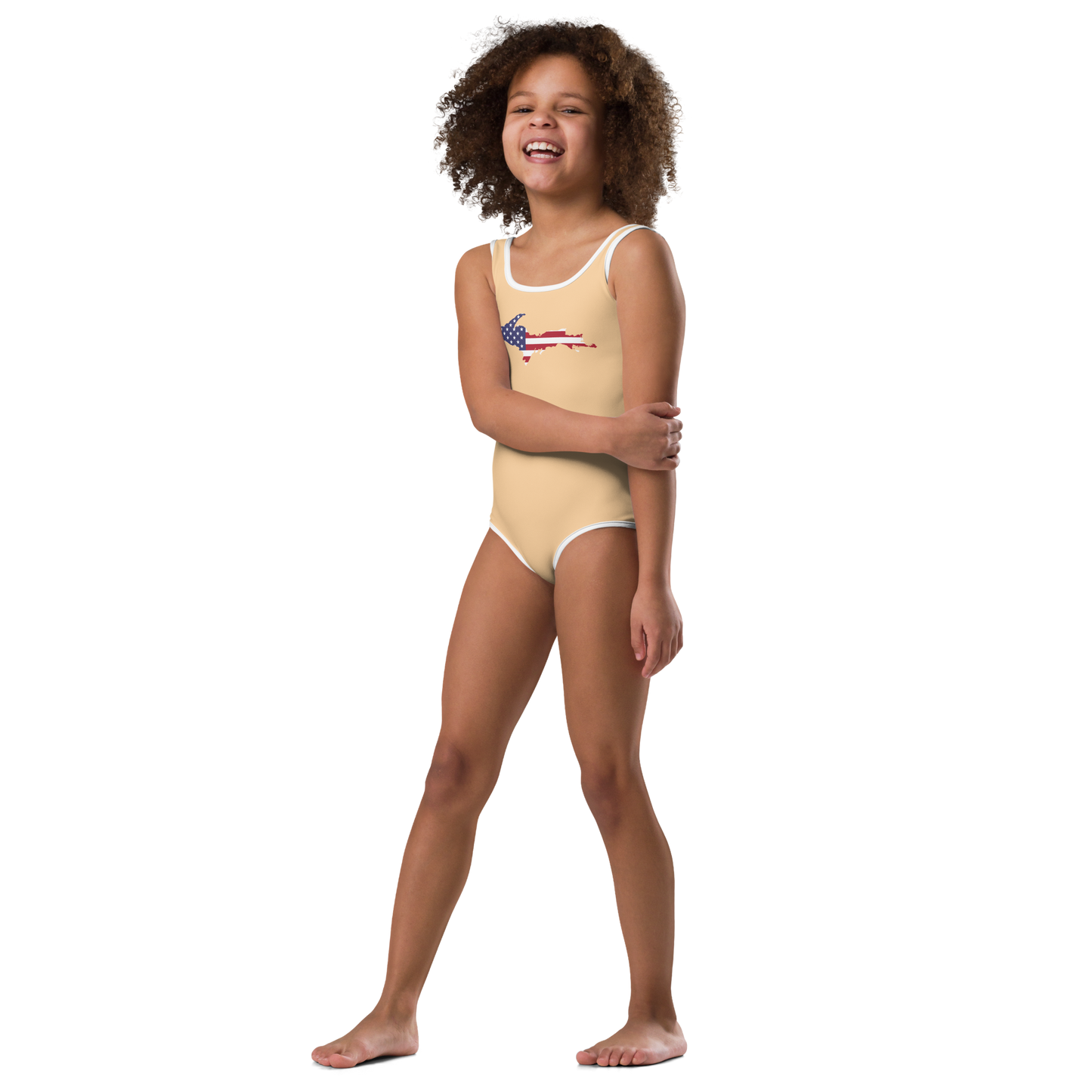 Michigan Upper Peninsula Toddler Swimsuit (w/ UP USA Flag) | Pale Apricot