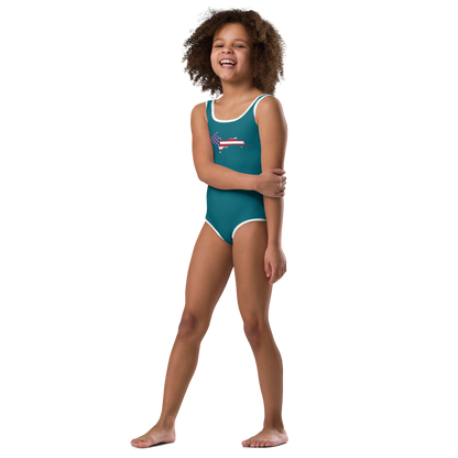 Michigan Upper Peninsula Toddler Swimsuit (w/ UP USA Flag) | Auburn Hills Teal