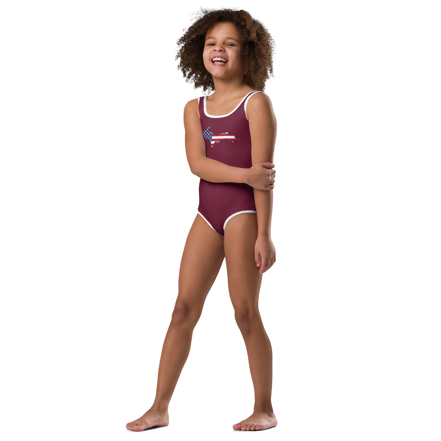 Michigan Upper Peninsula Toddler Swimsuit (w/ UP USA Flag) | Old Mission Burgundy