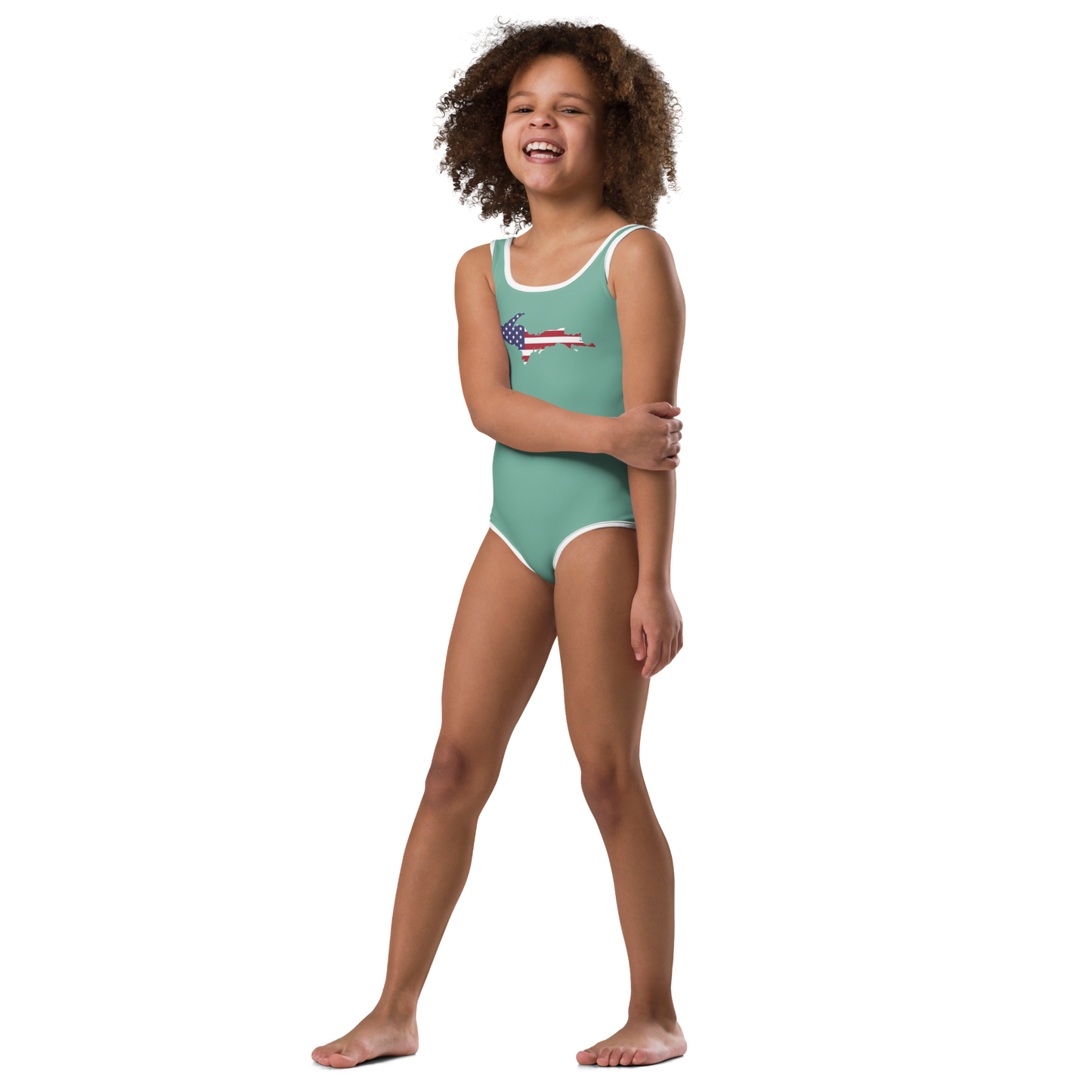 Michigan Upper Peninsula Toddler Swimsuit (w/ UP USA Flag) | Metallic Mint Green