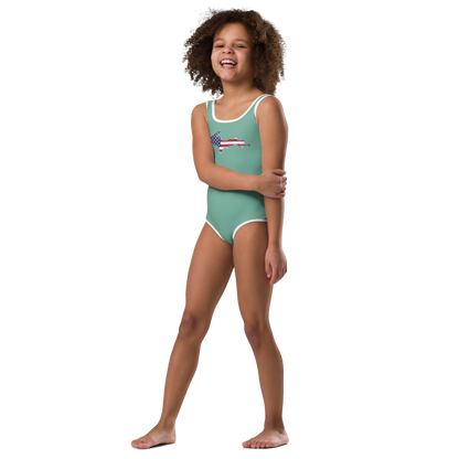 Michigan Upper Peninsula Toddler Swimsuit (w/ UP USA Flag) | Metallic Mint Green