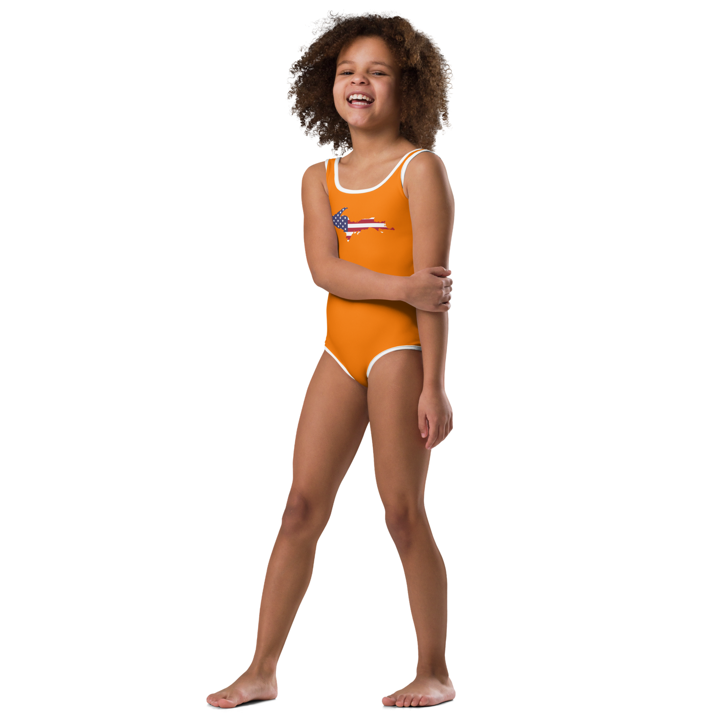 Michigan Upper Peninsula Toddler Swimsuit (w/ UP USA Flag) | Safety Orange