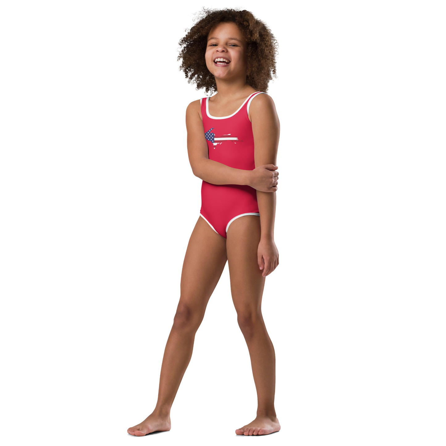 Michigan Upper Peninsula Toddler Swimsuit (w/ UP USA Flag) | Lighthouse Red