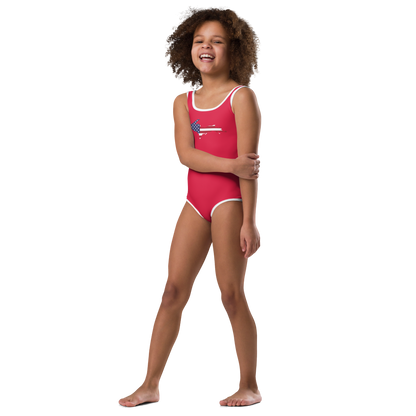 Michigan Upper Peninsula Toddler Swimsuit (w/ UP USA Flag) | Lighthouse Red