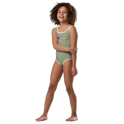 Michigan Upper Peninsula Toddler Swimsuit (w/ UP USA Flag) | Beachgrass Green