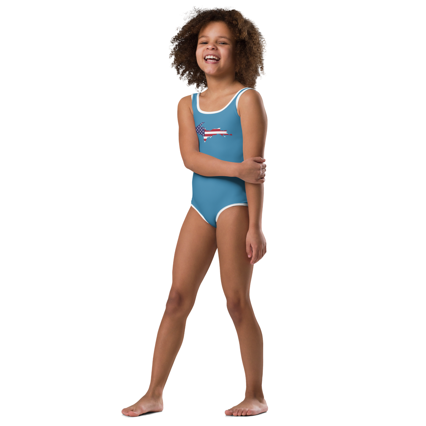 Michigan Upper Peninsula Toddler Swimsuit (w/ UP USA Flag) | Lake Michigan Blue