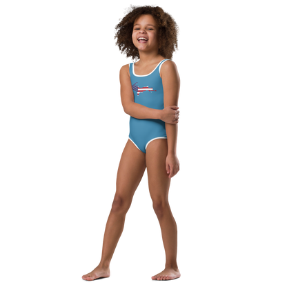 Michigan Upper Peninsula Toddler Swimsuit (w/ UP USA Flag) | Lake Michigan Blue