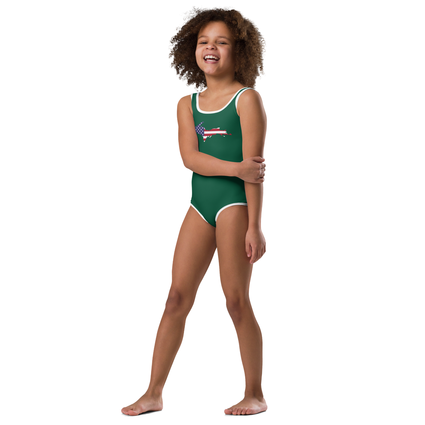 Michigan Upper Peninsula Toddler Swimsuit (w/ UP USA Flag) | Superior Green