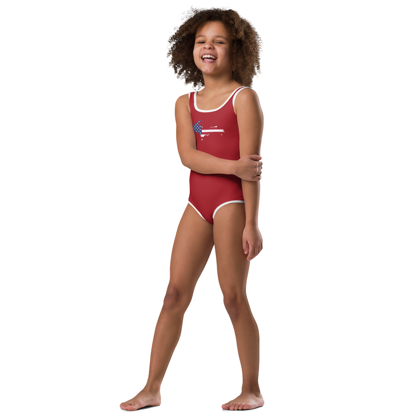 Michigan Upper Peninsula Toddler Swimsuit (w/ UP USA Flag) | Thimbleberry Red