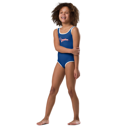 Michigan Upper Peninsula Toddler Swimsuit (w/ UP USA Flag) | Dearborn Blue