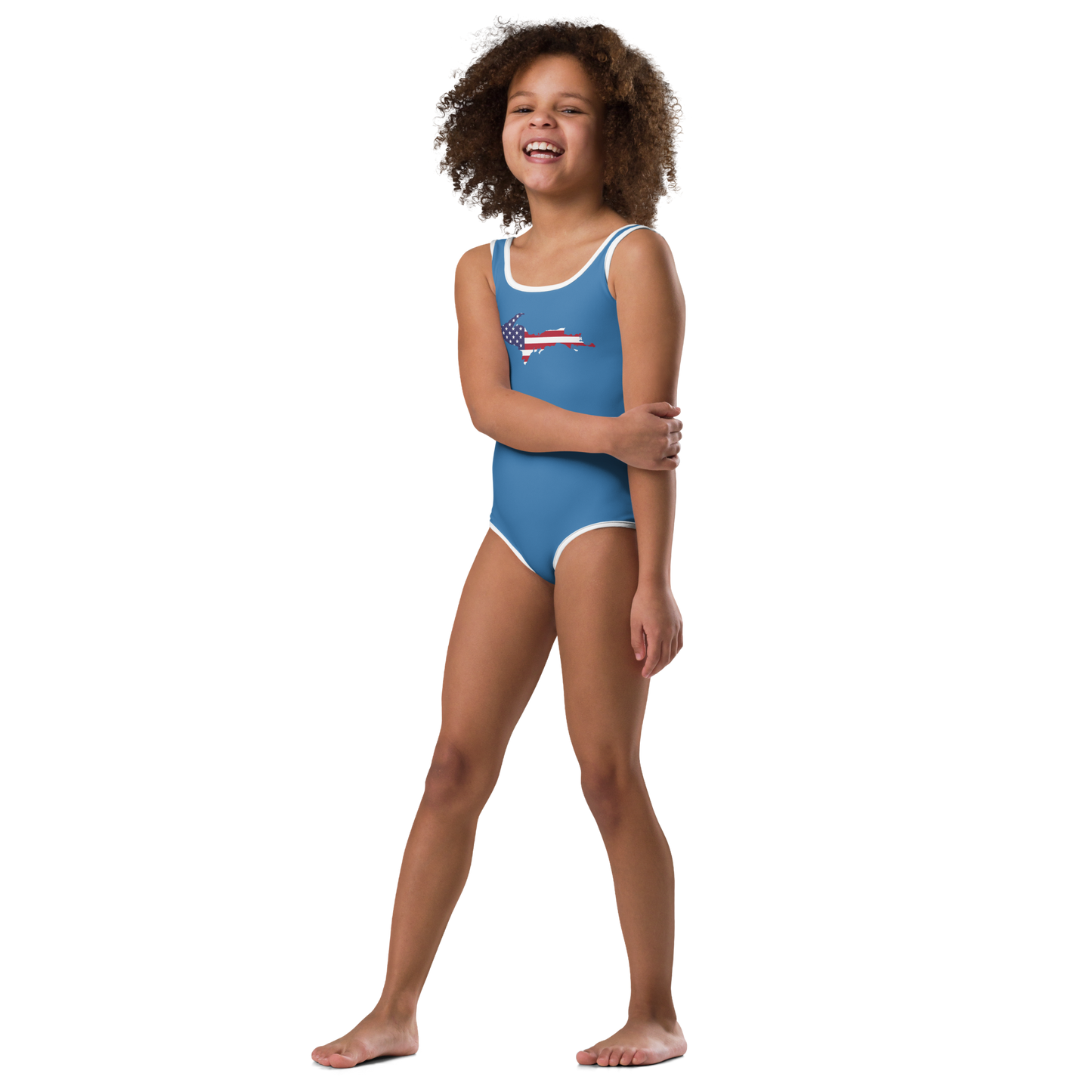 Michigan Upper Peninsula Toddler Swimsuit (w/ UP USA Flag) | Lake Superior Blue