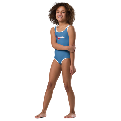 Michigan Upper Peninsula Toddler Swimsuit (w/ UP USA Flag) | Lake Superior Blue