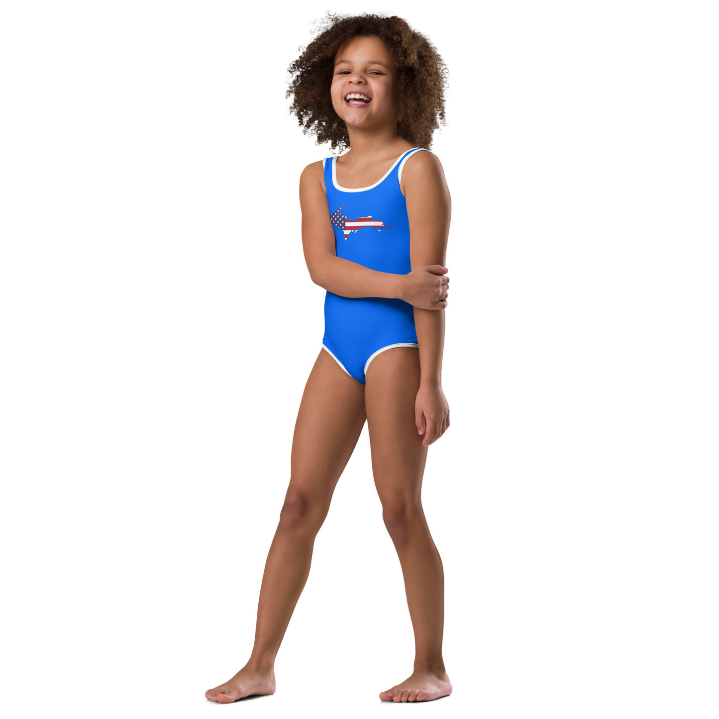 Michigan Upper Peninsula Toddler Swimsuit (w/ UP USA Flag) | Motor Town Blue