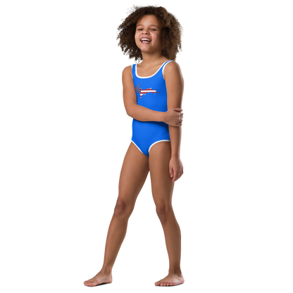 Michigan Upper Peninsula Toddler Swimsuit (w/ UP USA Flag) | Motor Town Blue