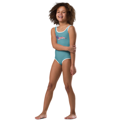 Michigan Upper Peninsula Toddler Swimsuit (w/ UP USA Flag) | Lake Huron Blue