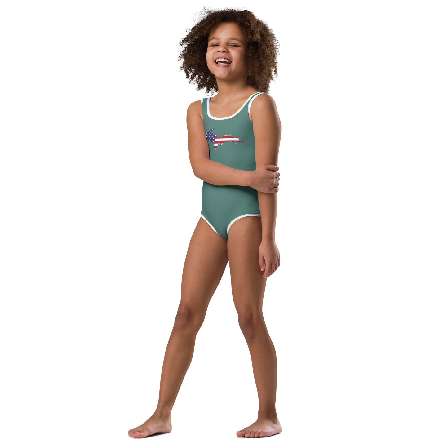 Michigan Upper Peninsula Toddler Swimsuit (w/ UP USA Flag) | Copper Green