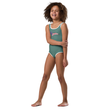 Michigan Upper Peninsula Toddler Swimsuit (w/ UP USA Flag) | Copper Green